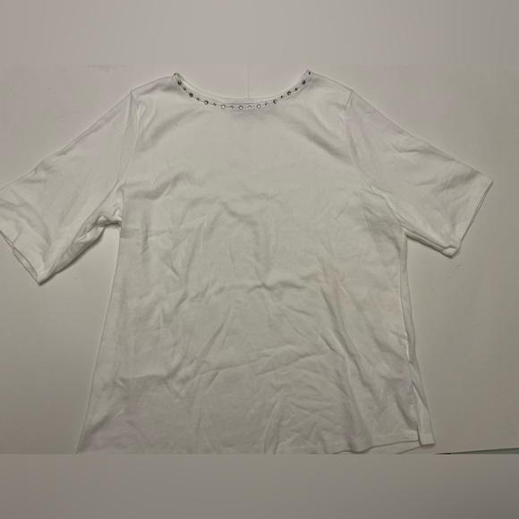 Quacker Factory Tops - Quaker Factory Womens Top Sz L White Grommet Trim Neck Short Sleeve TShirt